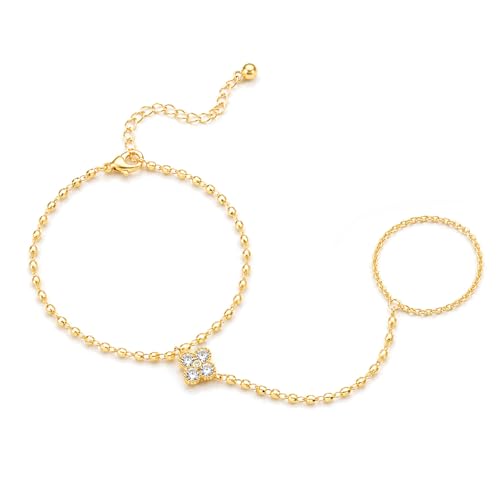 14K Gold Hand Chain Ring Bracelet-SM - style: Clover CZ