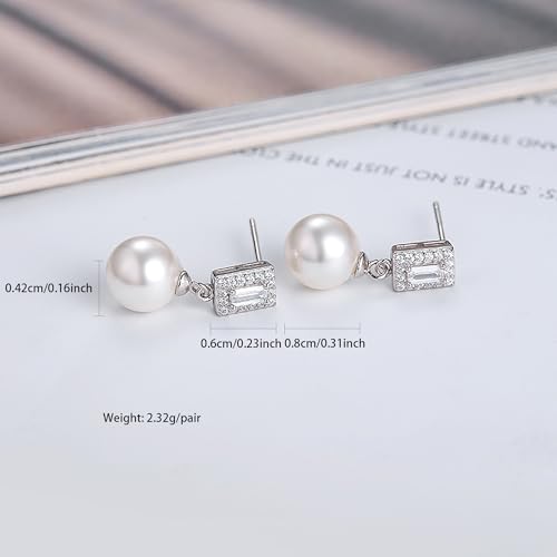 Double Pearl Drop Earrings for Women 925 Sterling Silver | 18k Gold Plated Big Large Pearl Dangle Earrings Pearl Dangling Stud Earring Bridal Wedding Jewelry Birthday Gifts for Mom - color: E-Silver