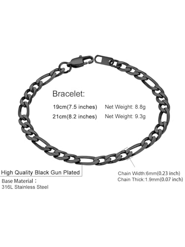 ChainsHouse Figaro Link Chain Bracelet for Men Stainless Steel Jewelry | Black/ Gold Bracelets Men, 6/9/13mm Figaro Cuabn Bracelets 7.5"/8.3", Chunky Hip Hop Wrist Hand Chain Bracelet for Gift - color: h: 6mm-black