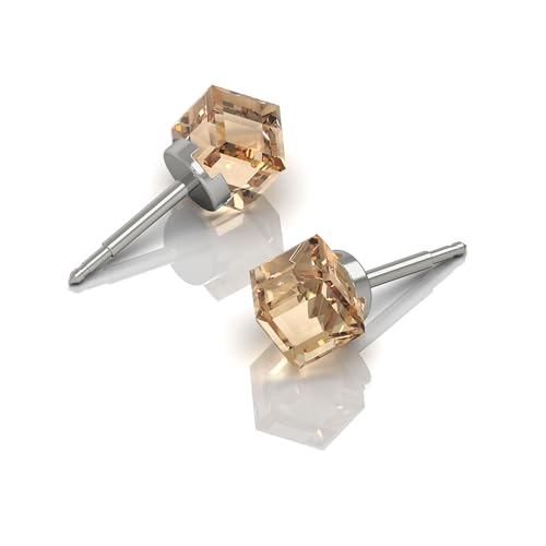 316L Stainless Steel Stud Earrings for Sensitive Ears – Hypoallergenic Princess Cut Square Cubic Zirconia Post Earrings for Women & Men – Nickel Free Daily Jewelry - color: Amber