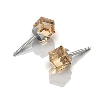 316L Stainless Steel Stud Earrings for Sensitive Ears – Hypoallergenic Princess Cut Square Cubic Zirconia Post Earrings for Women & Men – Nickel Free Daily Jewelry - color: Amber