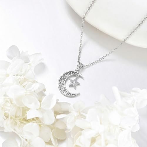 Moissanite Moon and Star Necklace 925 Silver Birthstone Gifts for Women | Sterling Silver Sun and Moon Pendant Elegant Jewelry Birthday Gifts for Wife Mom - color: A2:Moon and Star-Moissanite