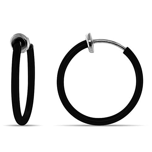 Clip On Spring Hoop Earrings for Non-Pierced Ears - color: Black, size: 17mm