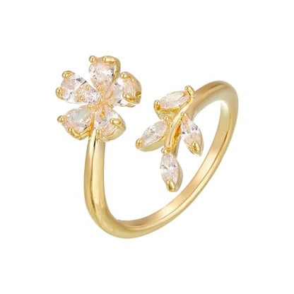 Ladies' Alloy Flower Leaf Open Ring, Silver Tone with Crystal Accents, Adjustable - color: Gold