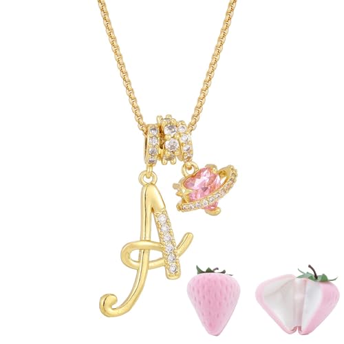 Initial Letter Necklace with Pink Heart Charm, Sparkling Zircon Alphabet Pendant in Gold or Silver Tone, Sweet Style Jewelry with Gift Box, Letter Chain for Daily Wear and Gift - color: Gold+Pink Box, size: #A