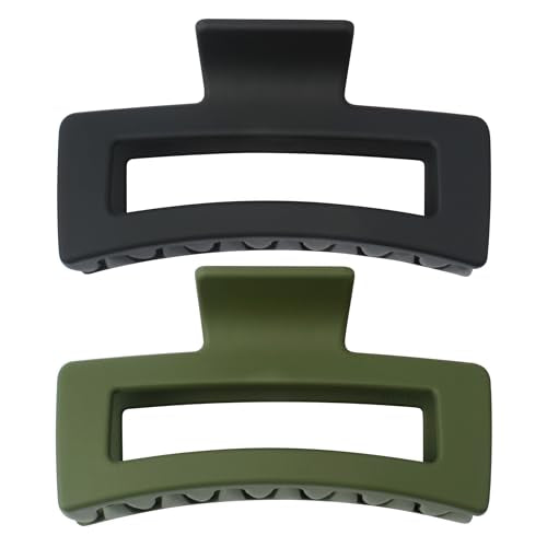 XXL Jumbo Rectangle Claw Clips for Thick Hair - Strong Hold Hair Clips | Rectangle Design | Matte Finish | Non Slip | Wide Opening | 2 Pack (Black & Green) - color: Black & Green