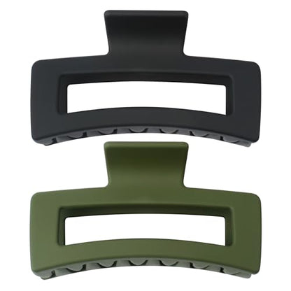 XXL Jumbo Rectangle Claw Clips for Thick Hair - Strong Hold Hair Clips | Rectangle Design | Matte Finish | Non Slip | Wide Opening | 2 Pack (Black & Green) - color: Black & Green