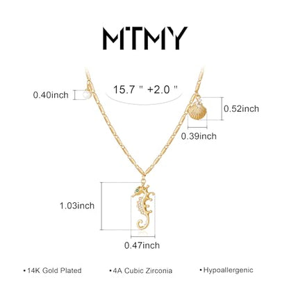 MTMY Gold Starfish Necklace 14K Gold Plated Shell Conch Ocean Pendant Necklace for Women Beach Summer Jewelry - style: seahorse