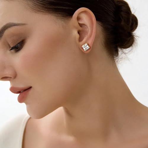 Brilliant Heart-cut/Oval-cut/Trillion-cut/Cushion-cut/Emerald-cut/Marquise-cut Stud, 925 Sterling Silver Cubic Zirconia Stud Earrings for Women Men - style: H-Square-cut-Yellow