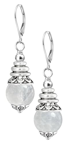 Natural 10mm Stone Beads Drop Earrings,Retro Silver Round Quartz Crystal Gemstone Beads Dangle Earrings for Women - color: A16_White Quartz