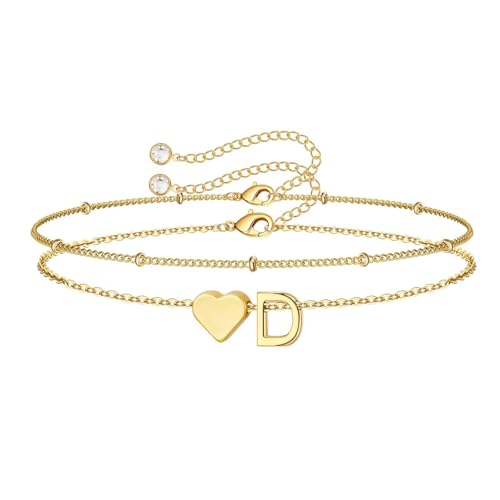 M MOOHAM Initial Bracelets for Women Teen Girls - Heart Letter A-Z Bracelet | Dainty 14K Gold Plated Jewelry, Heart Initial Bracelet, Bracelets for Women Girls Trendy, Birthday Gifts for Women Girls Her - color: Gold - D