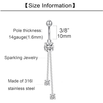 QWALIT Belly Button Rings 14G Surgical Steel Belly Rings CZ Opal Navel Piercing Jewelry for Women Girls 3/8" 10mm Silver Rose Gold - color: C3-6 dangles -silver