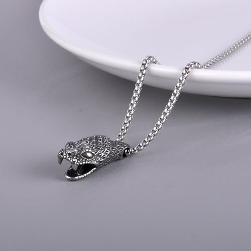 Men's Gothic Punk Hip Hop Rock Animal Snake head Pendant Necklace, 316L Stainless Steel Material, Silver Stainless Steel Square Pearl Chain, Retro Jewelry Gift