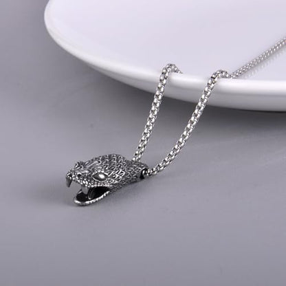 Men's Gothic Punk Hip Hop Rock Animal Snake head Pendant Necklace, 316L Stainless Steel Material, Silver Stainless Steel Square Pearl Chain, Retro Jewelry Gift