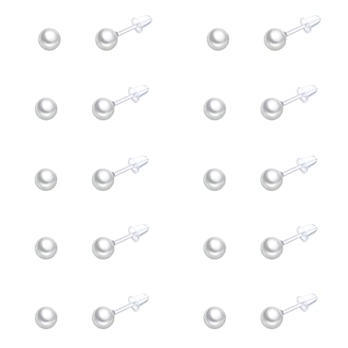 10 Pairs Faux Pearl Plastic Stud Earrings for Sensitive Ears - 4-10mm White Colorful Pearl Set for Women Girls - Silicone Post - style: 4mm