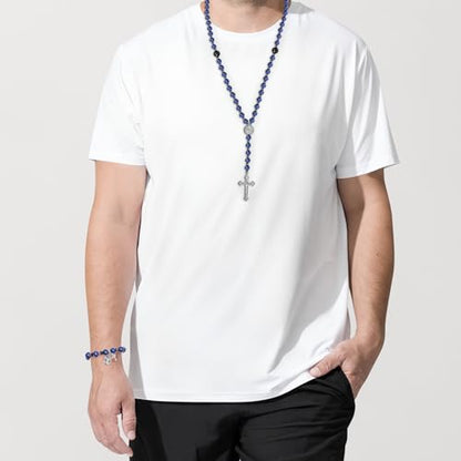 Rosary for Men Women, Natural Stone Beads with St. Benedict Bracelet | 8 mm Natural Stone Prayer Beads with 10 mm Accent Beads, St. Benedict Crucifix, Matching Bracelet, Gift Box and Pouch. - color: Lapis Lazuli