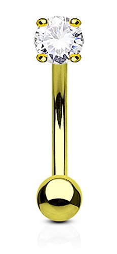 Forbidden Body Jewelry 16g 8mm Surgical Steel Curved Barbell w/Solitaire CZ for Daith, Eyebrow & Rook Piercings - color: Gold/Clear