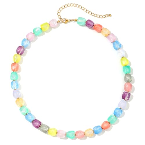 Chunky Beaded Necklaces for Women Trendy Colorful Acrylic Bead Statement Necklace Puffy Heart Pendent Necklaces for Women Boho Fashion Jewelry - color: H-multi-colored beads