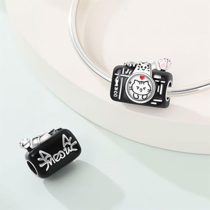 925 Sterling Silver Bead Charm for Pandora Bracelets and Necklaces,Pink Bow Cherry Butterfly Blue Ocean Pendant Bead Charms Jewelry Present Valentines Gifts for Wife/Girlfriend Women - style: Cat Camera Charm
