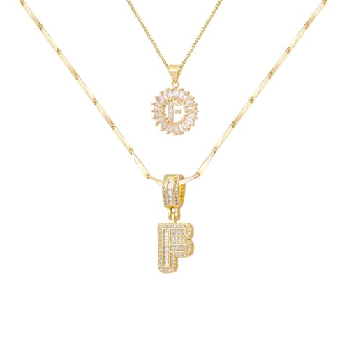 2PCS Initial Necklaces for Women, 14K Gold Plated Letter Pendant Set | Trendy Layered Bling Style, Meaningful Letter & Round CZ Pendant Design - color: Gold, style: Letter F