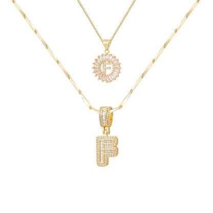 2PCS Initial Necklaces for Women, 14K Gold Plated Letter Pendant Set | Trendy Layered Bling Style, Meaningful Letter & Round CZ Pendant Design - color: Gold, style: Letter F