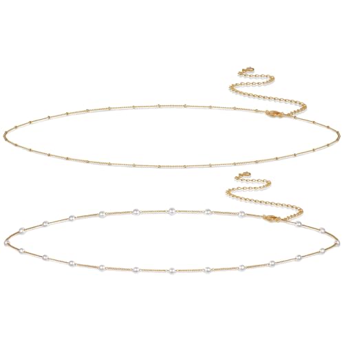 Body Chain for Women 14K Gold Plated Waist Beads Chain Gold Belly Belt Cuban Layered Body Chains Waterproof Adjustable Sexy Bikini Beach Body Jewelry Daily Belts Gifts for Women 26.5-33Inch - style: Pearl + Satellite
