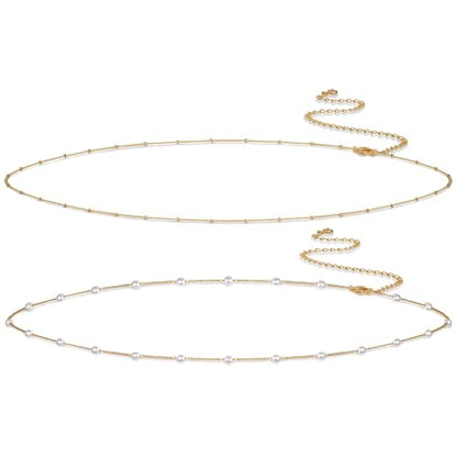 Body Chain for Women 14K Gold Plated Waist Beads Chain Gold Belly Belt Cuban Layered Body Chains Waterproof Adjustable Sexy Bikini Beach Body Jewelry Daily Belts Gifts for Women 26.5-33Inch - style: Pearl + Satellite