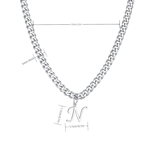 Stainless Steel Initial A-Z Necklace for Men Women,Cuban Chain,Titanium Steel Initial Letter Pendant Charm Necklaces Accessories Jewelry for Woman Man,21 Inch Chain - color: N