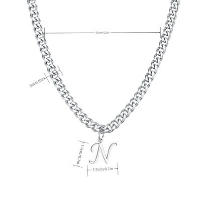 Stainless Steel Initial A-Z Necklace for Men Women,Cuban Chain,Titanium Steel Initial Letter Pendant Charm Necklaces Accessories Jewelry for Woman Man,21 Inch Chain - color: N