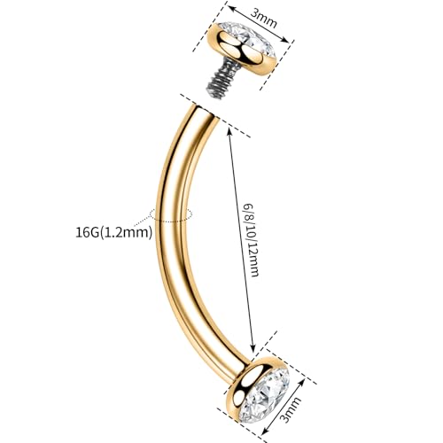 GAGABODY G23 Titanium Eyebrow Piercing Jewelry Curved Barbell Lip Ring | Internal Thread Used in Eyebrow,Belly,Rook 16 Gauge from 6mm to 12mm Lightweight Daily for Woman and Man Sensitive Skin - color: 1Pc-Disc Shape Gold+Clear CZ, size: 16G-10mm