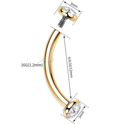 GAGABODY G23 Titanium Eyebrow Piercing Jewelry Curved Barbell Lip Ring | Internal Thread Used in Eyebrow,Belly,Rook 16 Gauge from 6mm to 12mm Lightweight Daily for Woman and Man Sensitive Skin - color: 1Pc-Disc Shape Gold+Clear CZ, size: 16G-10mm