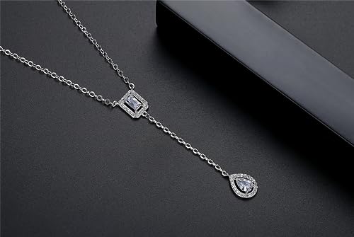 Gold Plated Geometric Style Sparkly Dainty Rectangle Teardrop Shaped AAAAA Australia Crystal with Cubic Zirconia Y Necklace Fashion Jewelry for Women & Teen Girls - color: Teardrop Y Necklace WG