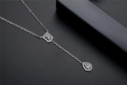Gold Plated Geometric Style Sparkly Dainty Rectangle Teardrop Shaped AAAAA Australia Crystal with Cubic Zirconia Y Necklace Fashion Jewelry for Women & Teen Girls - color: Teardrop Y Necklace WG