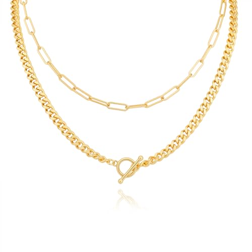 Layered Necklaces for Women 14k Gold Plated Chain Necklace Trendy Dainty Toggle Clasp Chunky Cuban Link Paperclip Chain Jewelry Gift - style: Style 1：Paperclip+Cuban Toggle