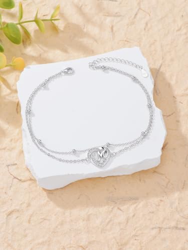 Dorunmo Initial Anklet 925 Sterling Silver Letter A-Z Layered Heart Anklet Beach Jewelry Birthday Gifts for Women - color: M