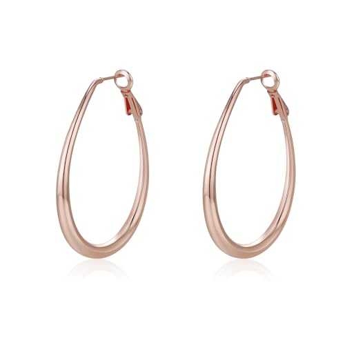 Lightweight Oval Hoop Earrings for Women - 14K Gold Plated, Rose Gold Plated and Sterling Silver Plated Large Oblong Hoop Earrings for Women Statement Jewelry Gift - color: rose gold