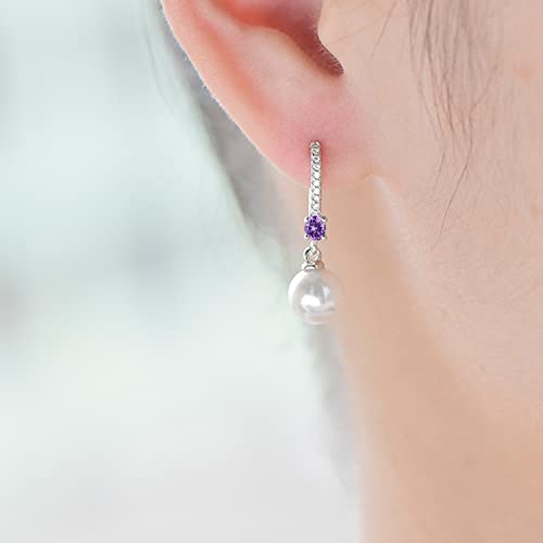 JO WISDOM 925 Sterling Silver Freshwater Pearl Hoop Earrings with Dangle Real Pearl,Simulated Pearls - color: B-8mm white pearl,amethyst color