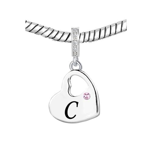 KunBead Initial A-Z Letter Pink Heart Alphabet Birthday Dangle Love Charms Compatible with Pandora Charm Bracelet for Auntie Friend Sister Mom Daughter Nana Granddaughter Wife - style: Letter C