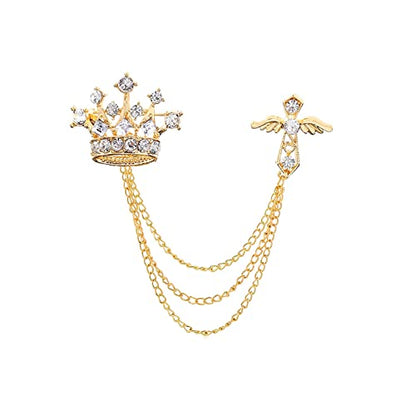 Collar Chain Pin for Men and Women - Hanging Tassel Brooch Lapel Pin for Business Suits - Bar Pin With Long Chain - Gifts - color: H: crown gold