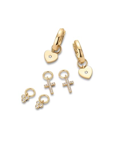 PAVOI 14K Gold Plated Huggie Earring Charms for Women - Mix and Match Huggie Hoop Earrings with Charms Pack - Dangle Dainty Motif Set with Cubic Zirconia, Heart, Cross, Pearl & Evil Eye Jewelry - Valentines Day Trendy Jewelry - style: Cross