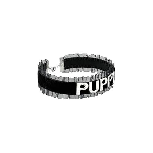 Women's Black Velvet Lace Letter Choker Collar for Halloween, 15-inch | Made of Velvet Lace Ribbon and Silver Letter Charms, Lobster-claw Closure, Daily Gothic Style, Avoid Water & Perfume - color: PUPPY