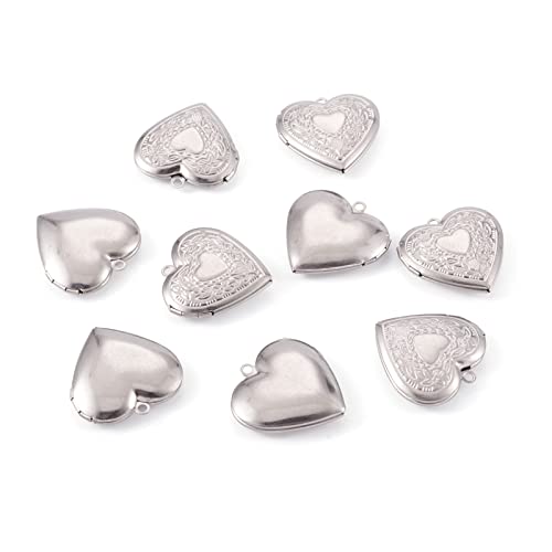 10Pcs 316 Stainless Steel Photo Locket Pendants Heart Carved Pattern Photo Frame Charms Silver Locket Charms for Necklaces DIY Memorial Necklace Making - color: Heart Carved Pattern