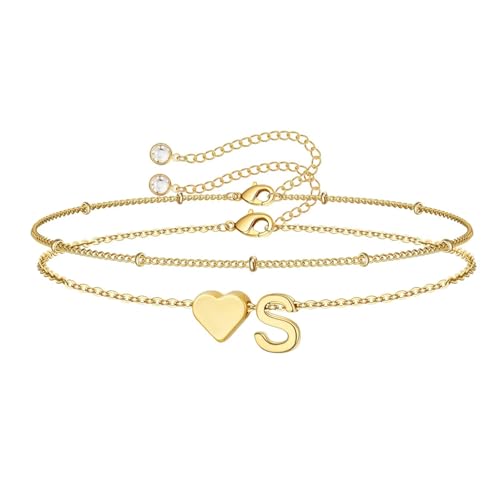 M MOOHAM Initial Bracelets for Women Teen Girls - Heart Letter A-Z Bracelet | Dainty 14K Gold Plated Jewelry, Heart Initial Bracelet, Bracelets for Women Girls Trendy, Birthday Gifts for Women Girls Her - color: Gold - S