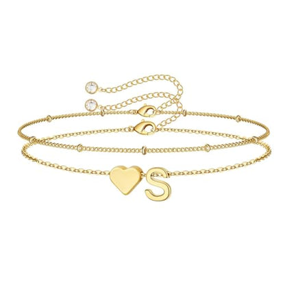 M MOOHAM Initial Bracelets for Women Teen Girls - Heart Letter A-Z Bracelet | Dainty 14K Gold Plated Jewelry, Heart Initial Bracelet, Bracelets for Women Girls Trendy, Birthday Gifts for Women Girls Her - color: Gold - S
