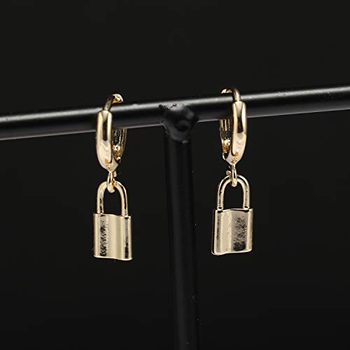 XYJZXY Gold Huggie Small Hoop Earrings with Charm Personalized Snake/Evil Eye/Star/Cross/Lock/Key 18k Gold Plated Crystal Drop Dangle Earrings for Women - style: Lock