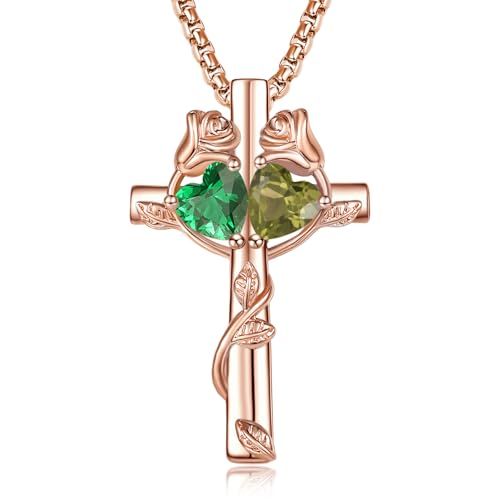 Rose Gold Cross Necklace with 2 Birthstones and Rose | Cross with Birthstone Necklace, Hypoallergenic, Adjustable Rolo Chain, Birthday Gifts, Catholic Christian Religious Jewelry - color: 05-08-May-Aug Birthstone