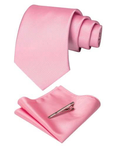 JEMYGINS Solid Color Formal Necktie and Pocket Square Tie Clip Sets for Men - color: Blush Pink