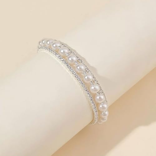 Pearl Stretch Cuff Bracelet for Women Adjustable Multilaye Rhinestone Crystal Bracelet Wedding Party Brides Bridesmaid Jewelry - color: Silver Style