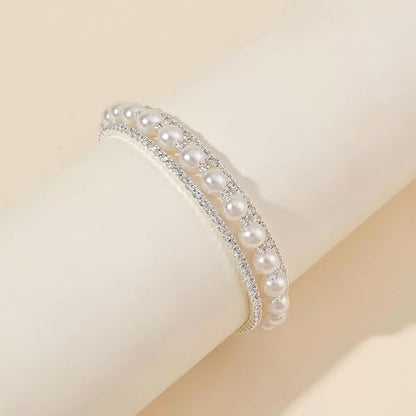 Pearl Stretch Cuff Bracelet for Women Adjustable Multilaye Rhinestone Crystal Bracelet Wedding Party Brides Bridesmaid Jewelry - color: Silver Style