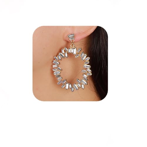 Vintage Round Square Crystal Hoop Dangle Earrings Rhinestone Hoop Tassel Earrings Ear Stud for Wedding Women Brides - color: White